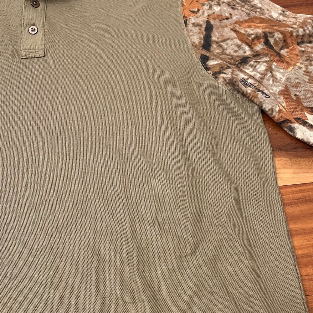 Cabelas Polo Shirt Mens XL Tall Olive Green Camo Sleeve Hunting Outdoor Pique - Picture 4 of 8